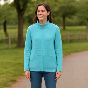 Soft Surroundings Jacket Womens Sz Large Full Zip Striped Leisure Blue Sky Knit